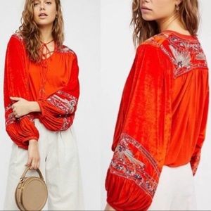 NEW Free People Hearts Aflame Embroidered Velvet Burnt Orange Boho Blouse XS